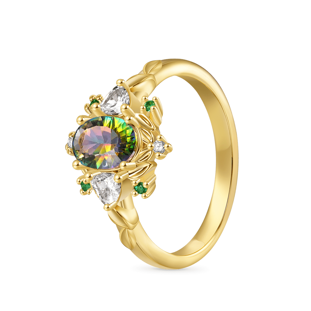 Gnoce Oval-Cut Secret Garden Gold Leaf Teal Ring_2