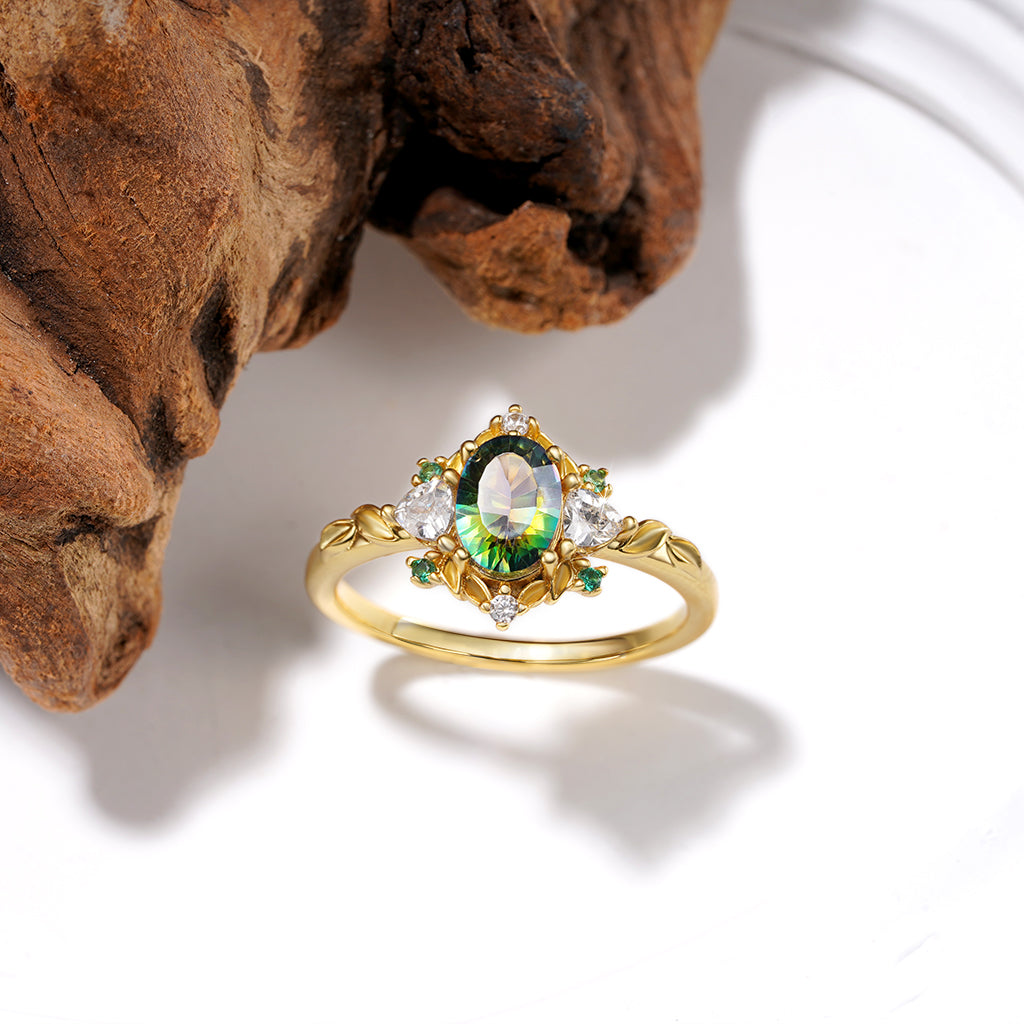 Gnoce Oval-Cut Secret Garden Gold Leaf Teal Ring_3