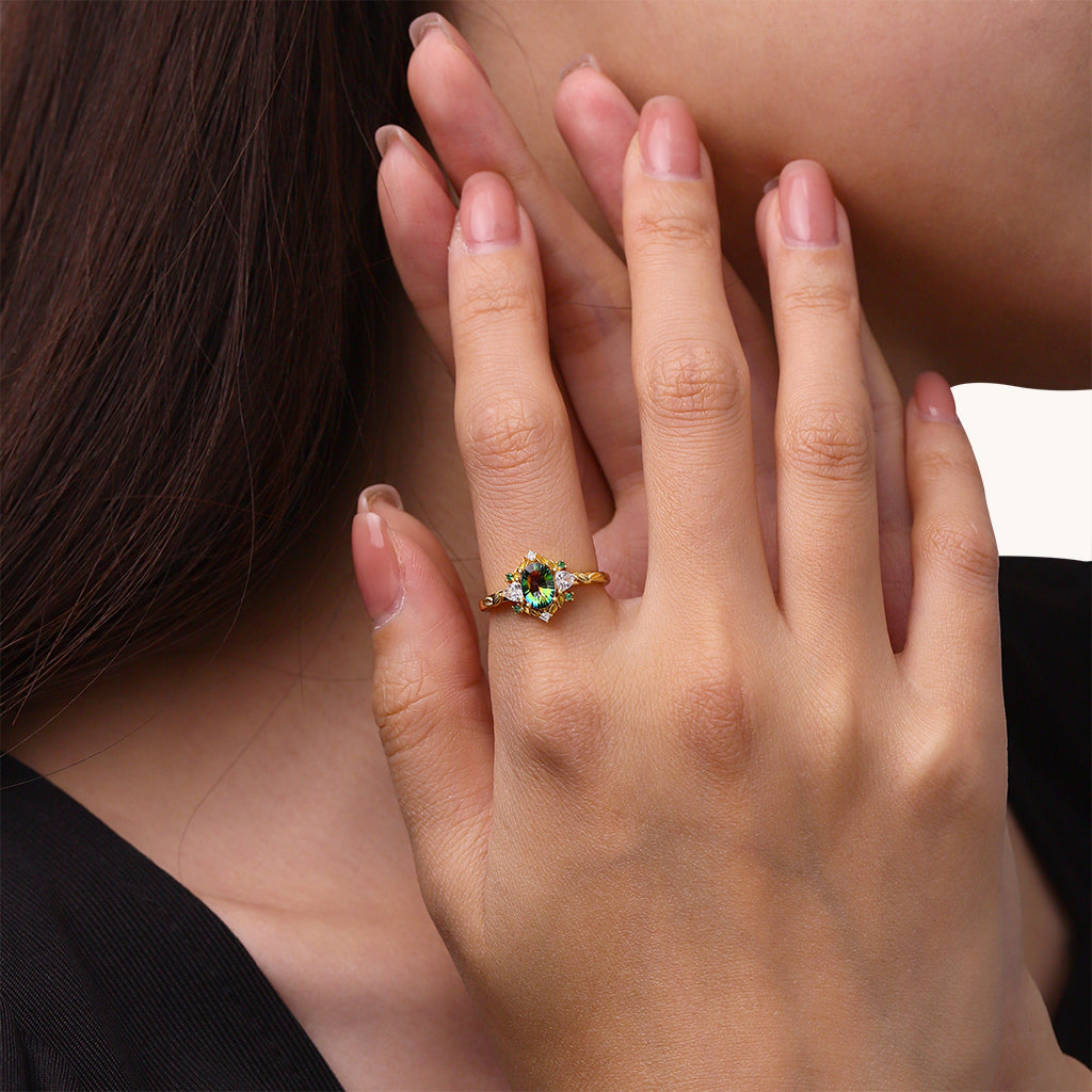 Gnoce Oval-Cut Secret Garden Gold Leaf Teal Ring_4