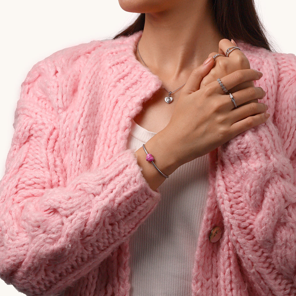 Gnoce Pink Pave Gemstone Heart Charm Platinum-plated Silver Blend_4