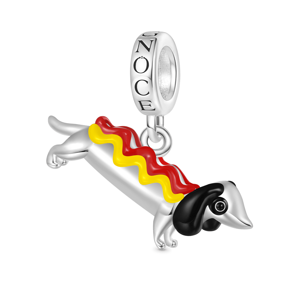 Gnoce Dachshund Dog in Hot Dog Costume Charm Platinum-plated Silver Blend_1