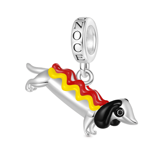 Gnoce Dachshund Dog in Hot Dog Costume Charm Platinum-plated Silver Blend_1