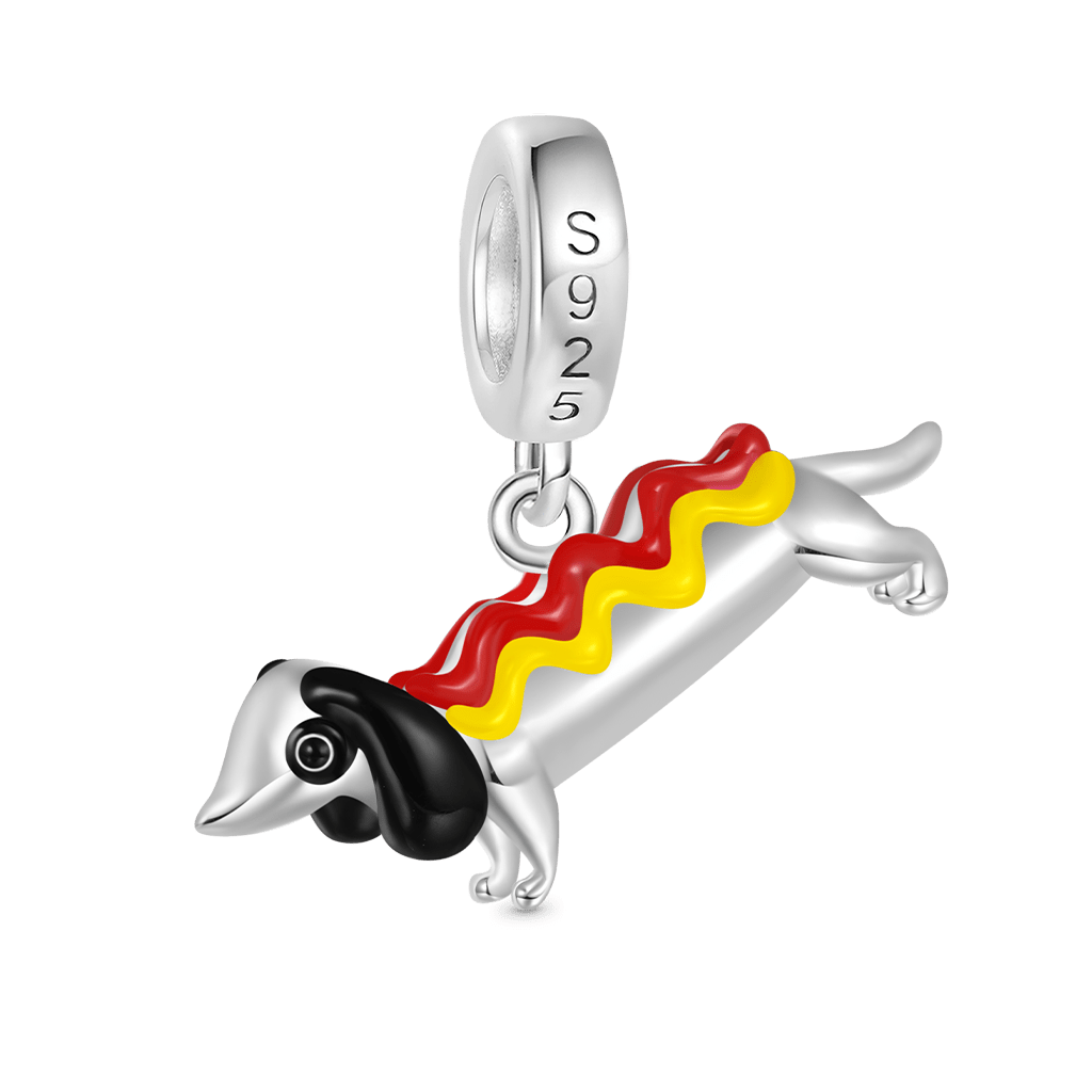 Gnoce Dachshund Dog in Hot Dog Costume Charm Platinum-plated Silver Blend_2