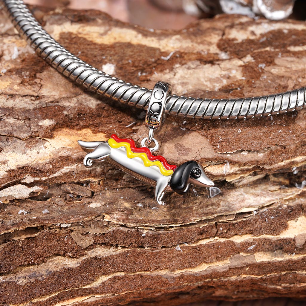 Gnoce Dachshund Dog in Hot Dog Costume Charm Platinum-plated Silver Blend_3