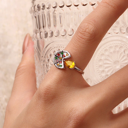 Gnoce Multicolor Pear CZ Pizza Open Ring Platinum-plated Silver Blend_5