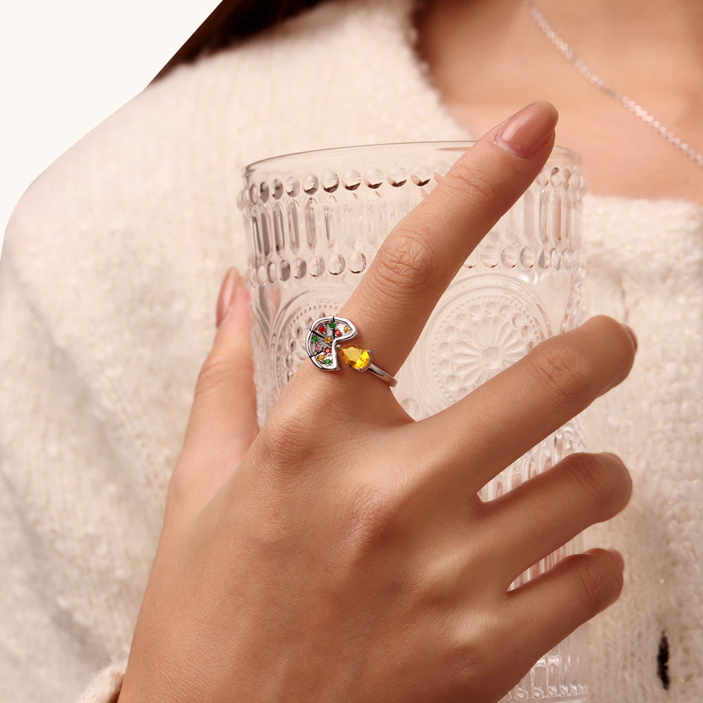 Gnoce Multicolor Pear CZ Pizza Open Ring Platinum-plated Silver Blend_4