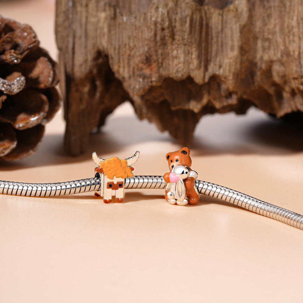 Gnoce Pixel Cartoon Highland Cow Charm Platinum-plated Silver Blend_3