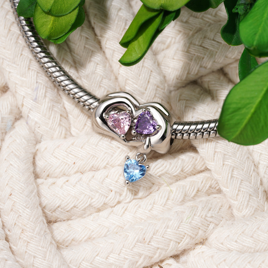 Gnoce Family of Three Holding Hands Birthstone Charm Platinum-plated Silver Blend_4