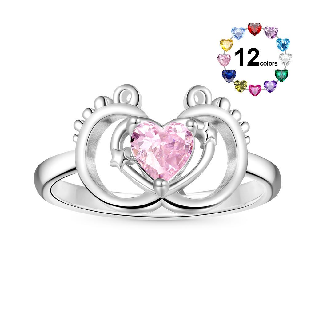 Gnoce Baby Footprint Heart Birthstone Ring_1