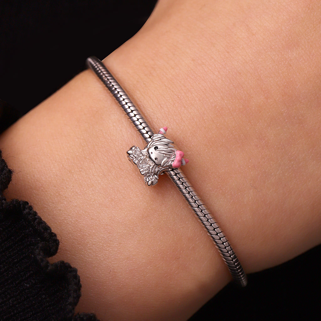 Gnoce Pink Bow Highland Cow Charm Platinum-plated Silver Blend_5