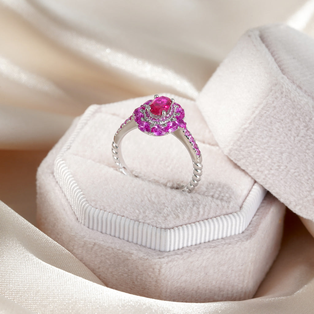 Gnoce Oval Fuchsia Double Halo Ring Platinum-plated Silver Blend_5