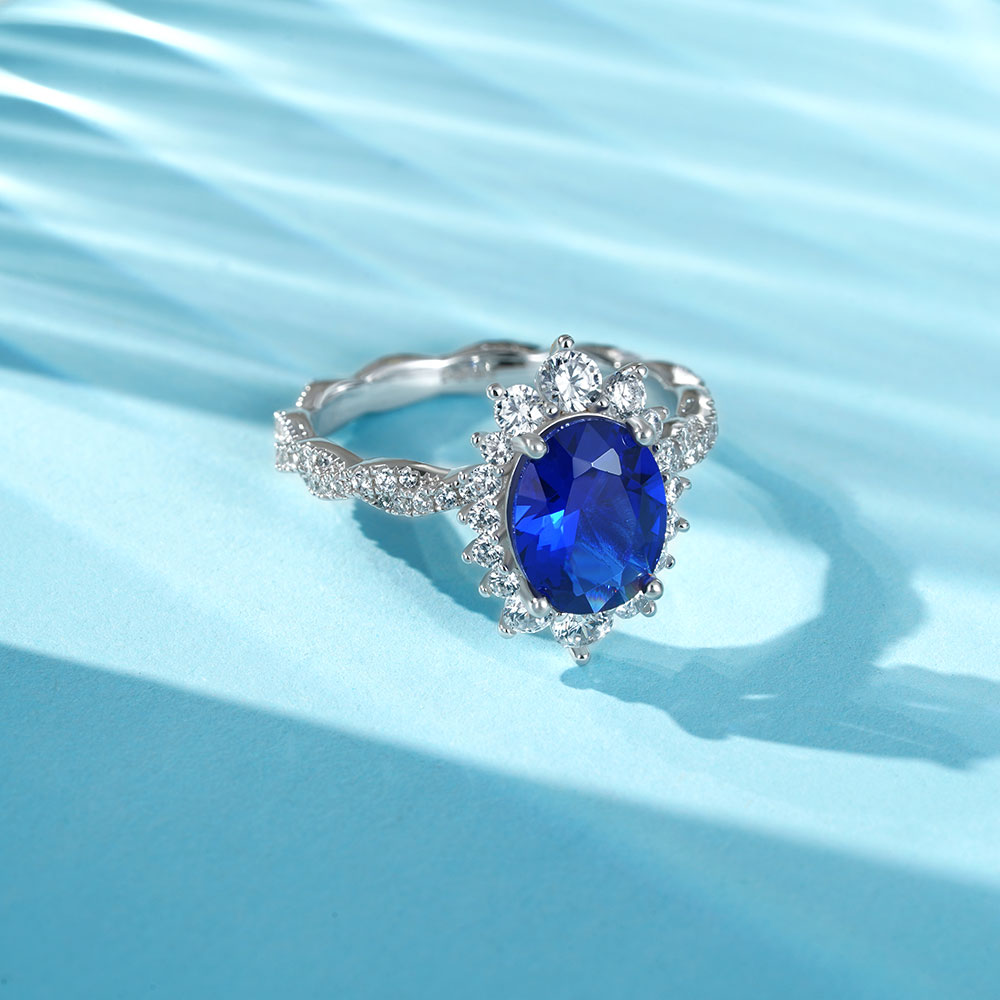 Gnoce Sapphire Cluster Halo Twisted Ring Platinum-plated Silver Blend_5
