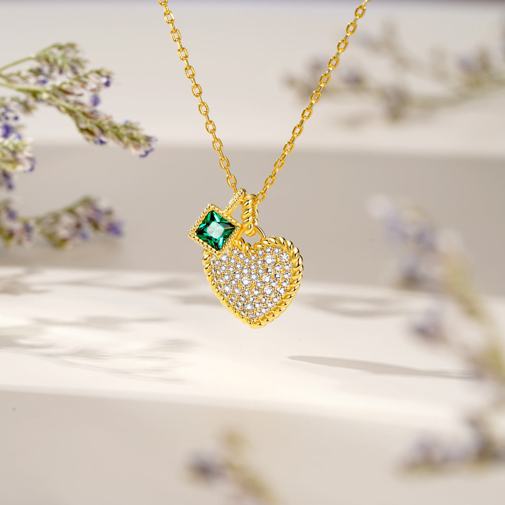 Gnoce Paved Heart & Emerald Princess Gemstone Twisted Rope Pendants Necklace_4