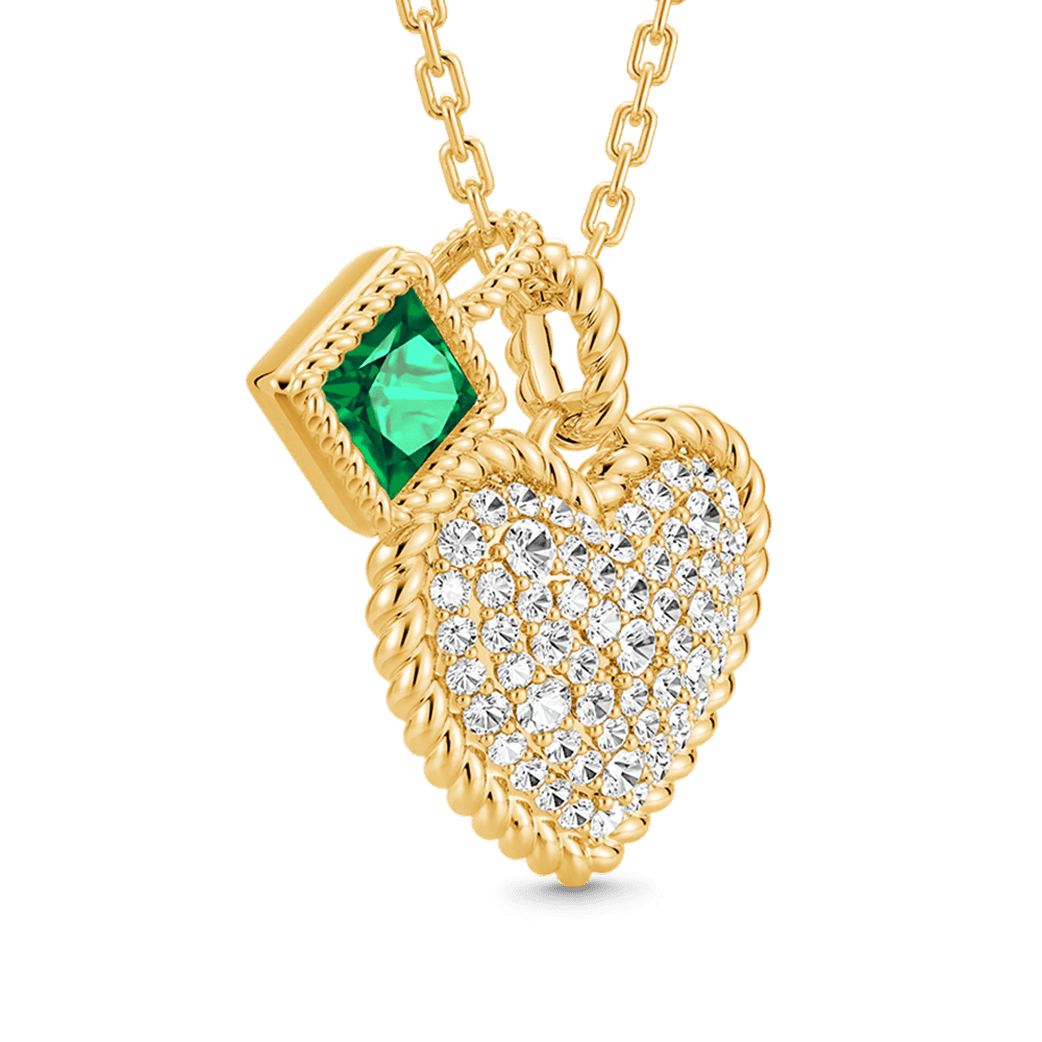 Gnoce Paved Heart & Emerald Princess Gemstone Twisted Rope Pendants Necklace_3