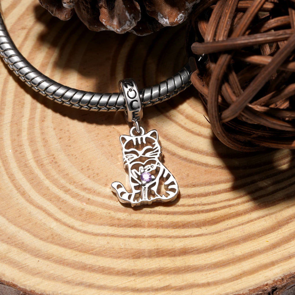 Gnoce Hollow Engravable Cat Birthstone Pendant Dangle Charm_5