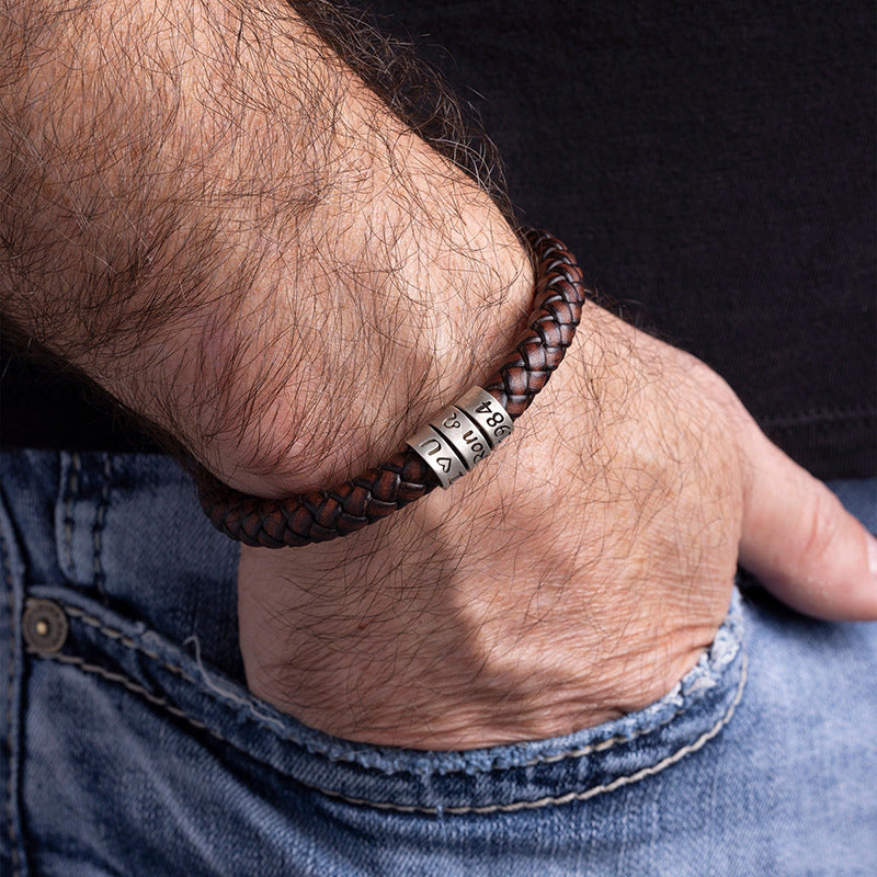 Gnoce Hip-hop Braided Leather Magnetic Clasp Engravable Bracelet_6