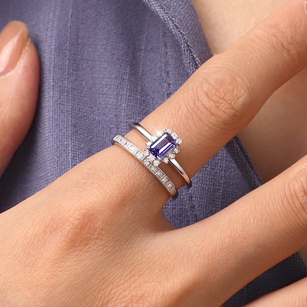 Gnoce Sparkling Tanzanite Blue Square Rings Platinum-plated Silver Blend_4
