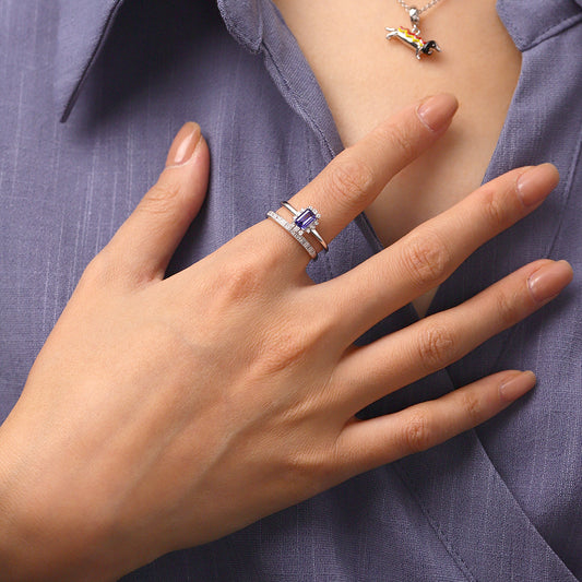 Gnoce Sparkling Tanzanite Blue Square Rings Platinum-plated Silver Blend_5
