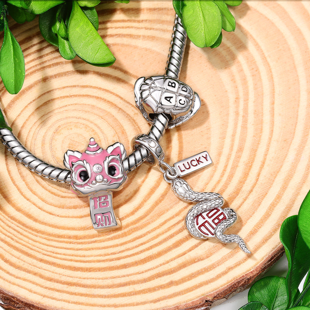 Gnoce Pink Lion Dance Charm Platinum-plated Silver Blend_3