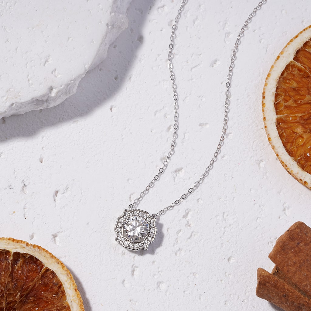 Gnoce Round Center Moissanite Necklace Platinum-plated Silver Blend_4