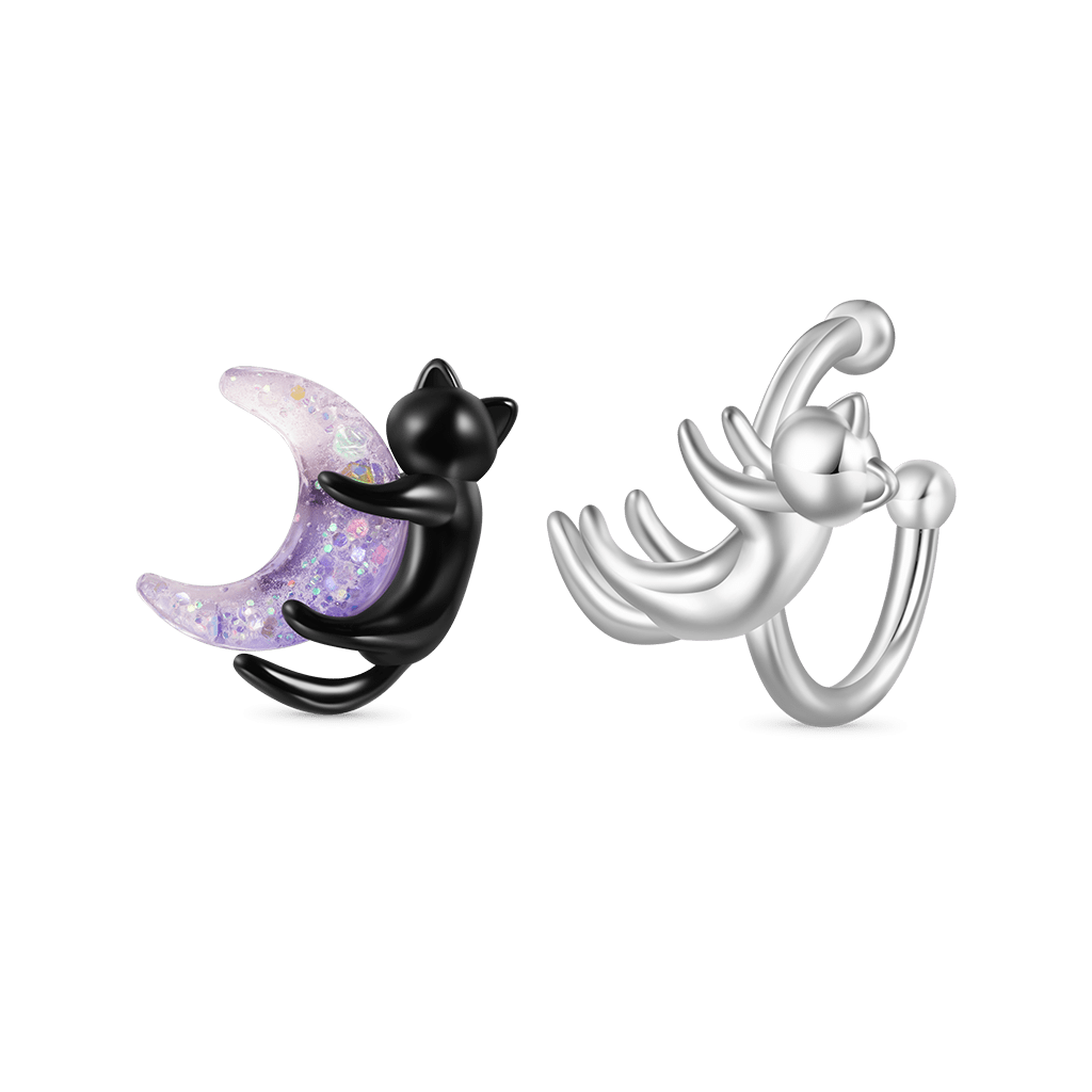 Gnoce Black Cat Embracing Moon & White Cat Asymmetrical Ear Clips_3