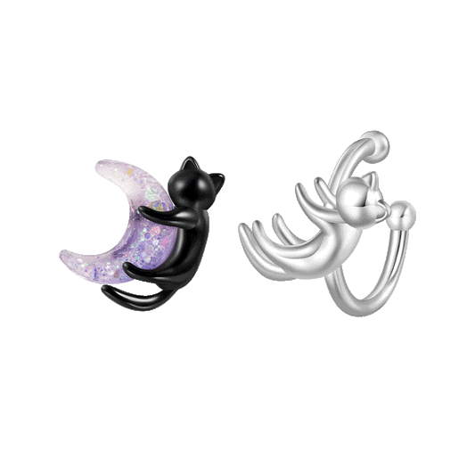 Gnoce Black Cat Embracing Moon Cat Asymmetrical Ear Clips Platinum-plated Silver Blend_1