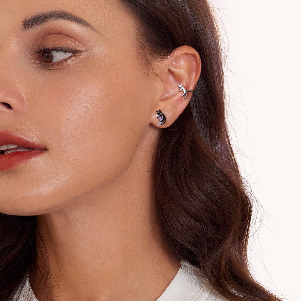 Gnoce Black Cat Embracing Moon Cat Asymmetrical Ear Clips Platinum-plated Silver Blend_5
