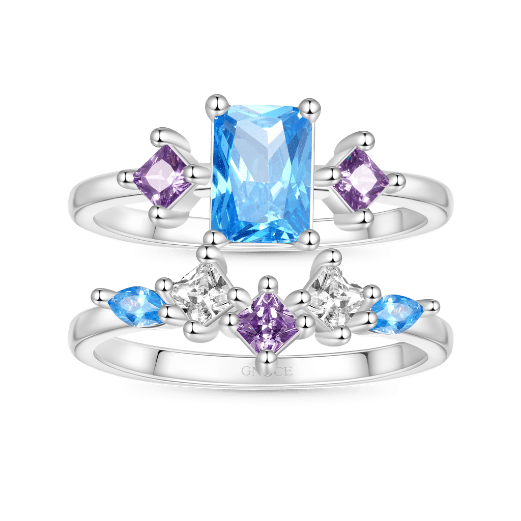 Gnoce Rectangular-cut Aquamarine Multicolor Sapphire Wedding Ring Set_1