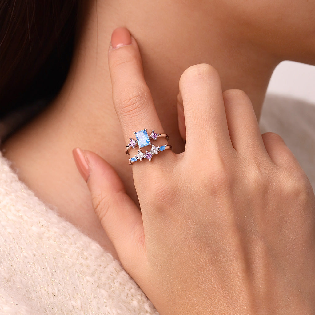 Gnoce Rectangular-cut Aquamarine Multicolor Sapphire Wedding Ring Set_4