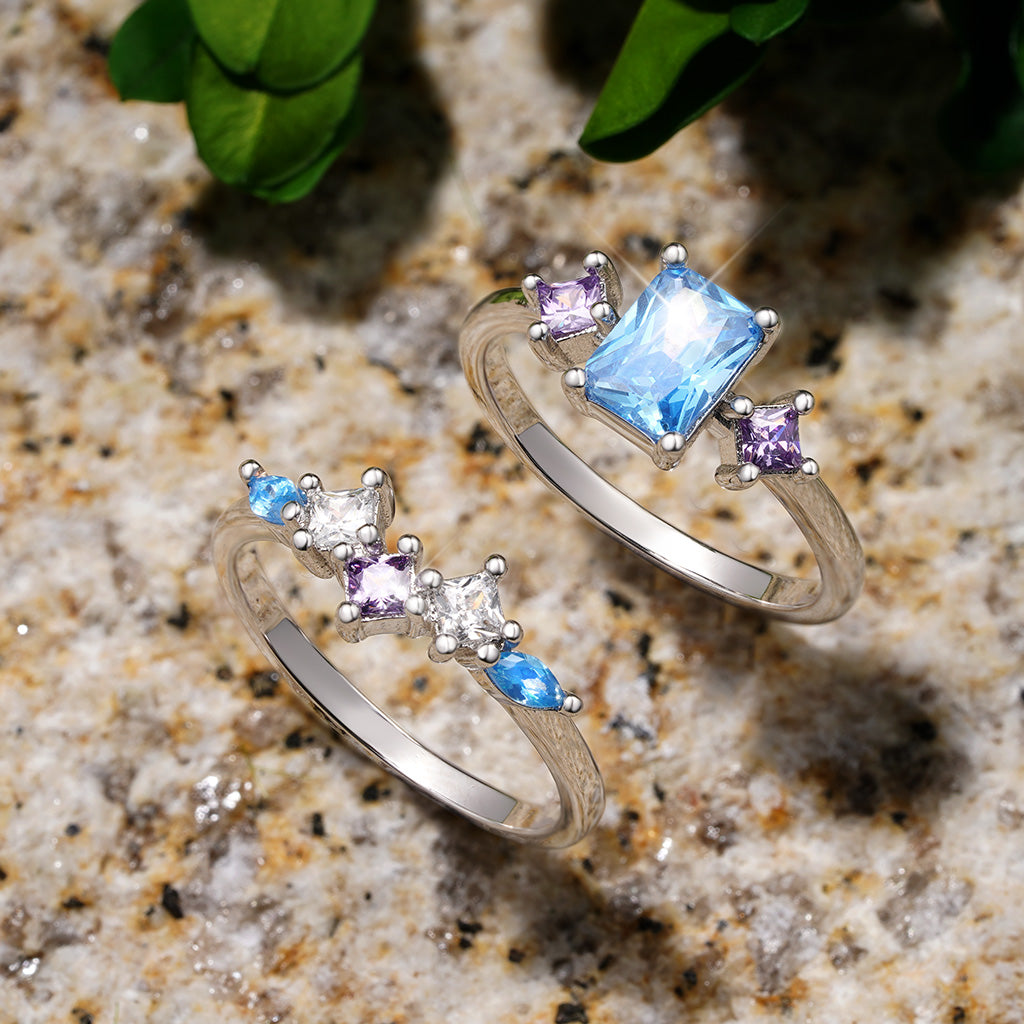 Gnoce Rectangular-cut Aquamarine Multicolor Sapphire Wedding Ring Set_3