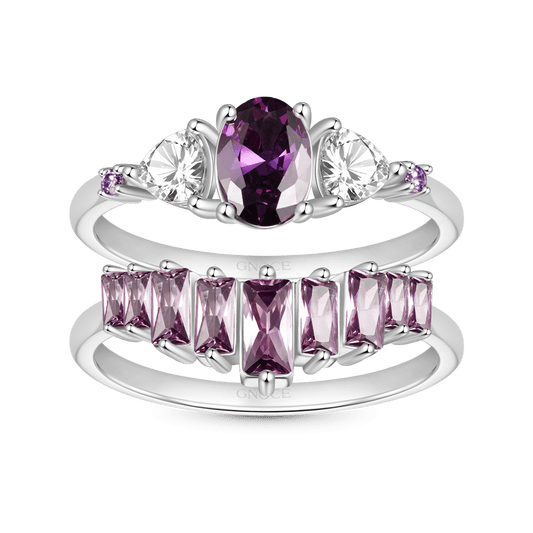 Gnoce Egg-cut Fuchsia Rectangle Stones Stacking Ring Set_1