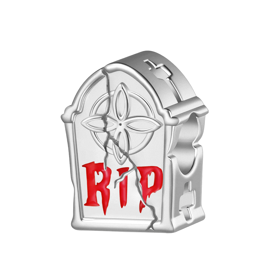 Gnoce Cracked RIP Tombstone Glow-in-the-Dark Charm Platinum-plated Silver Blend_1