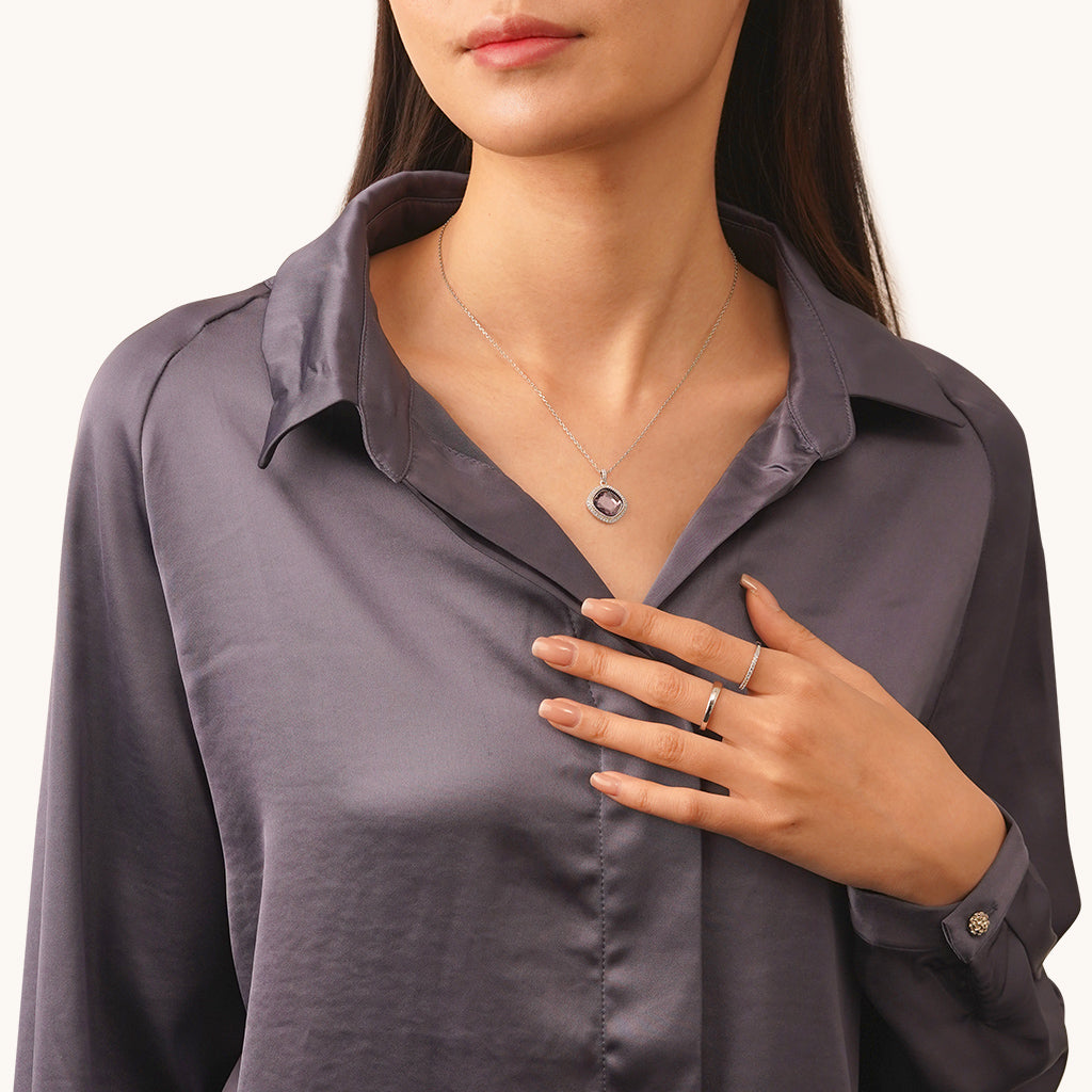 Gnoce Deep Violet-purple Diamond Pendant Necklace Platinum-plated Silver Blend_5