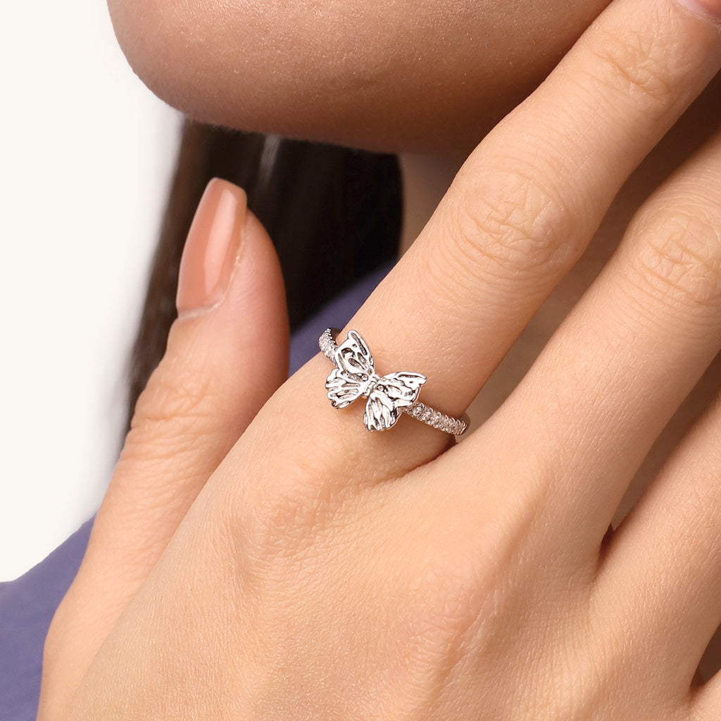 Gnoce Butterfly Diamond Ring Platinum-plated Silver Blend_5
