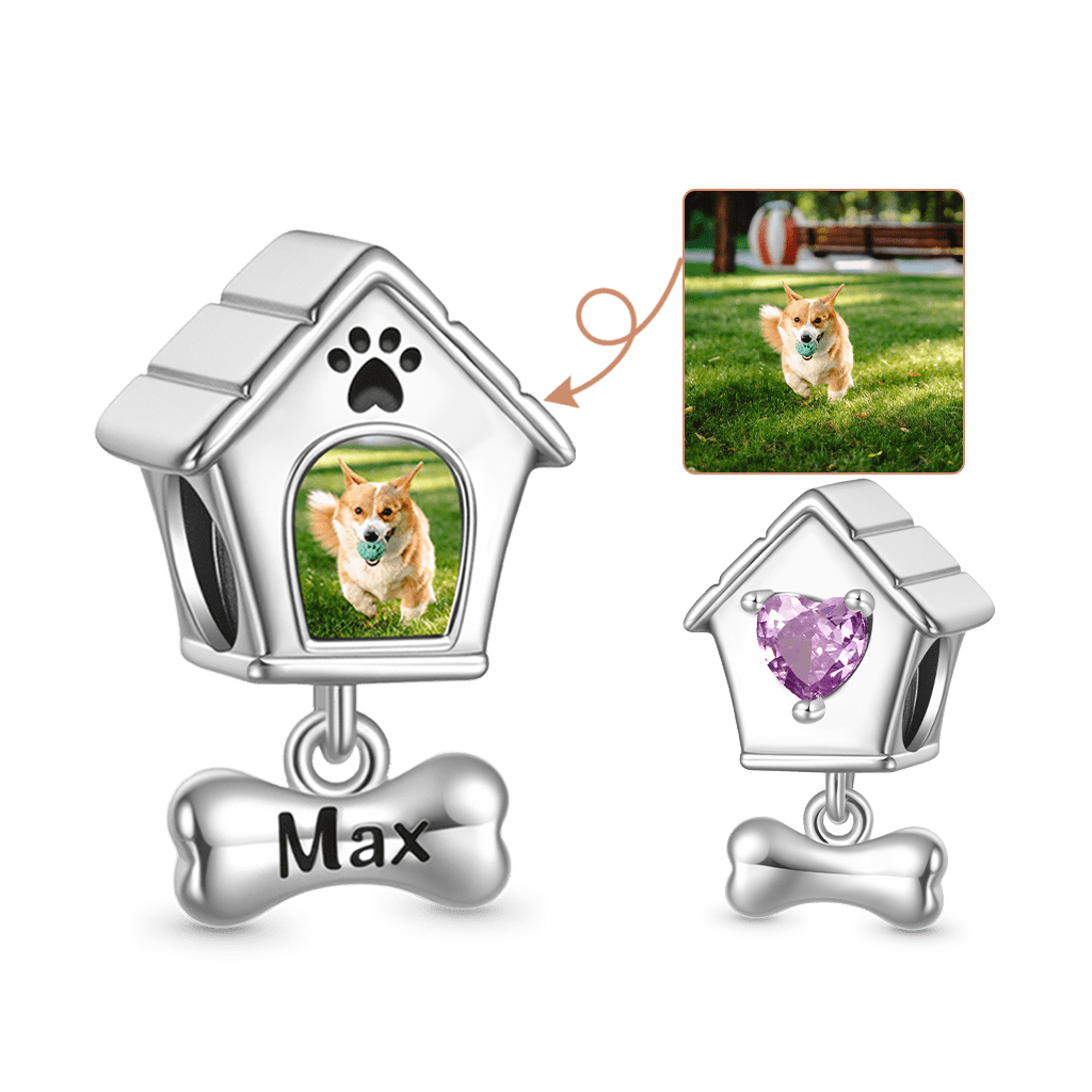 Gnoce Engravable Pet Dog House Photo Charm Platinum-plated Silver Blend_2