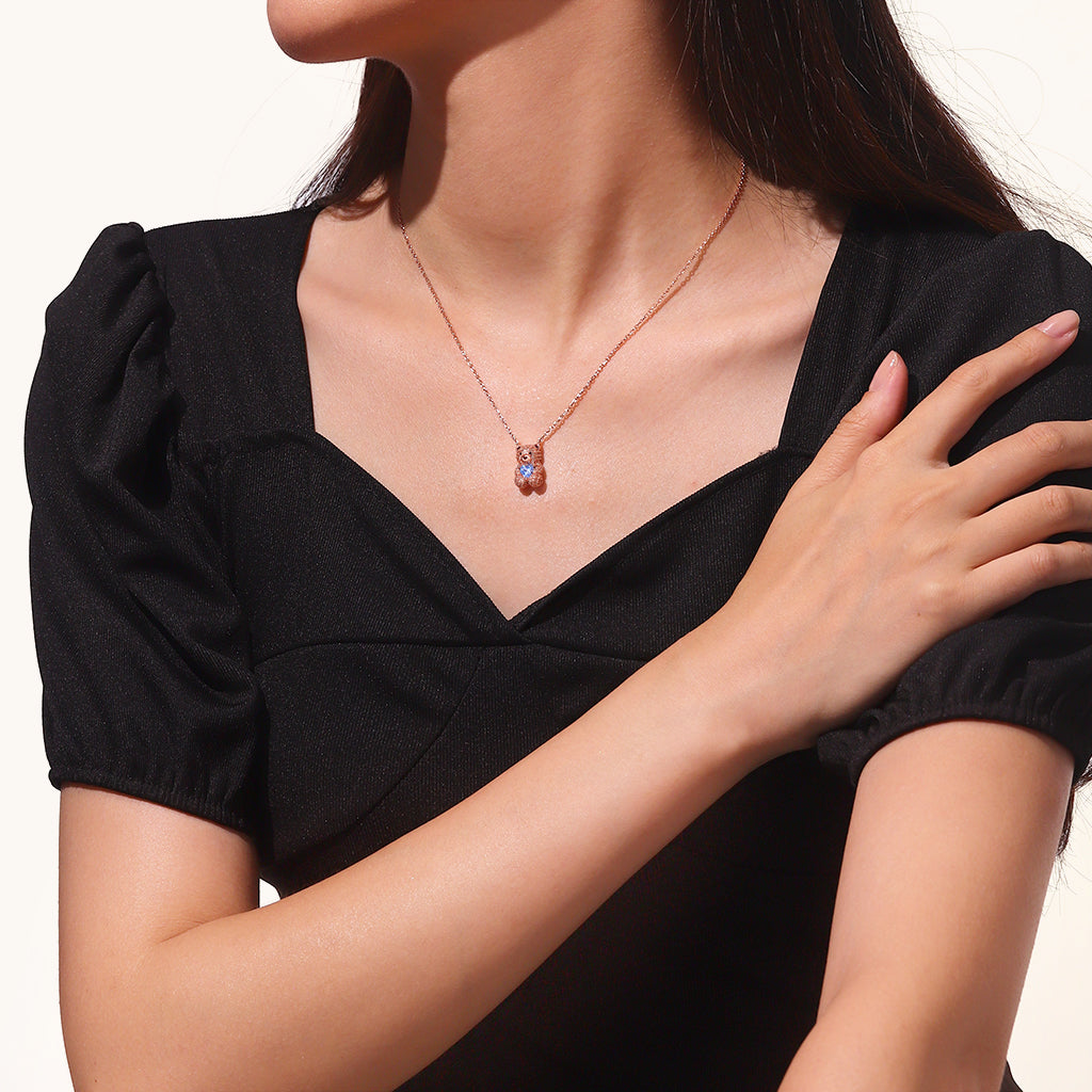 Gnoce Cute Bear Embraces Heart Birthstone Necklace_5