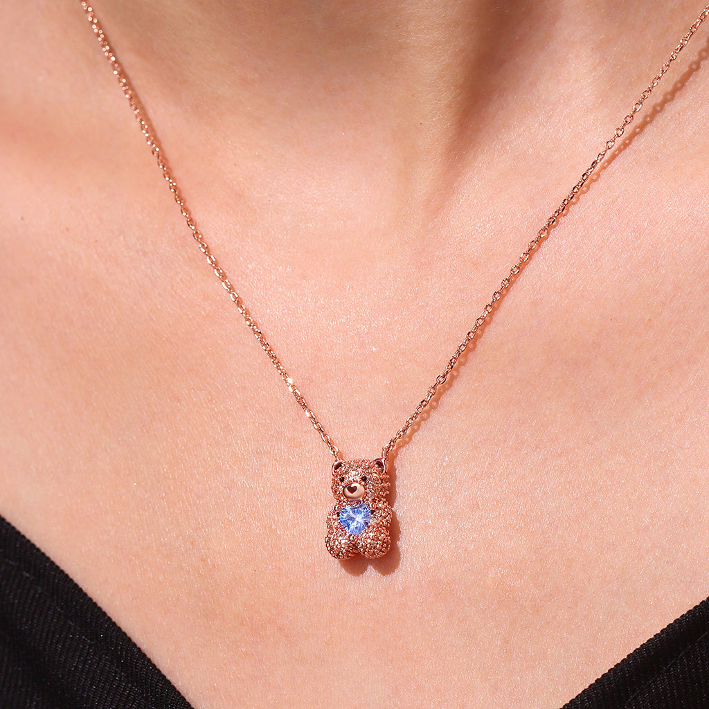 Gnoce Cute Bear Embraces Heart Birthstone Necklace_6
