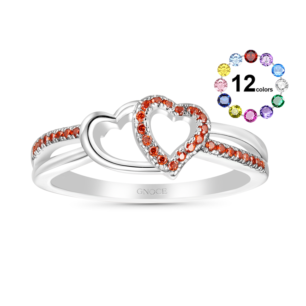 Gnoce Two Hearts Connect CZ Birthstone Band Ring_1