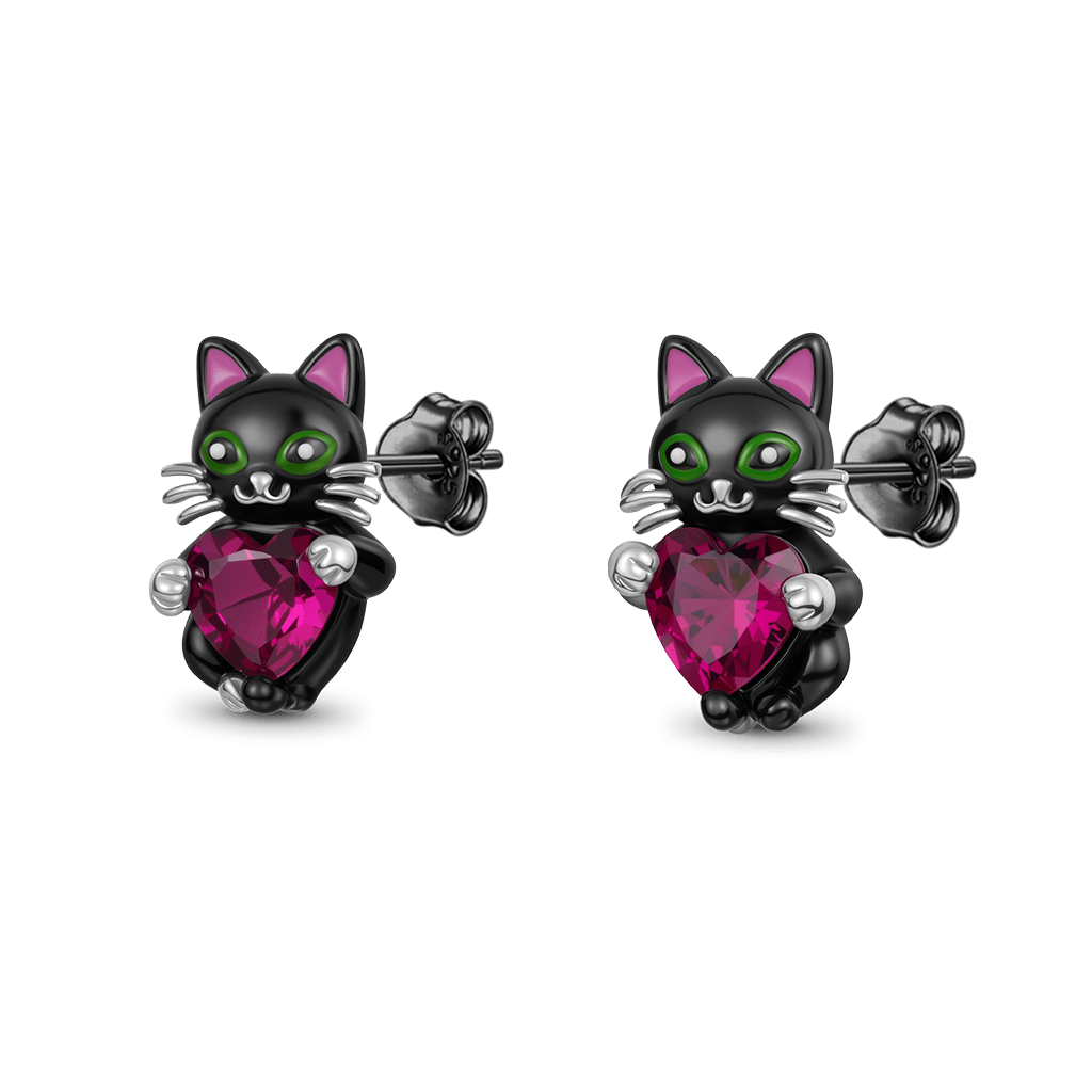 Gnoce Black Cat Embrace Heart Stud Earrings_1