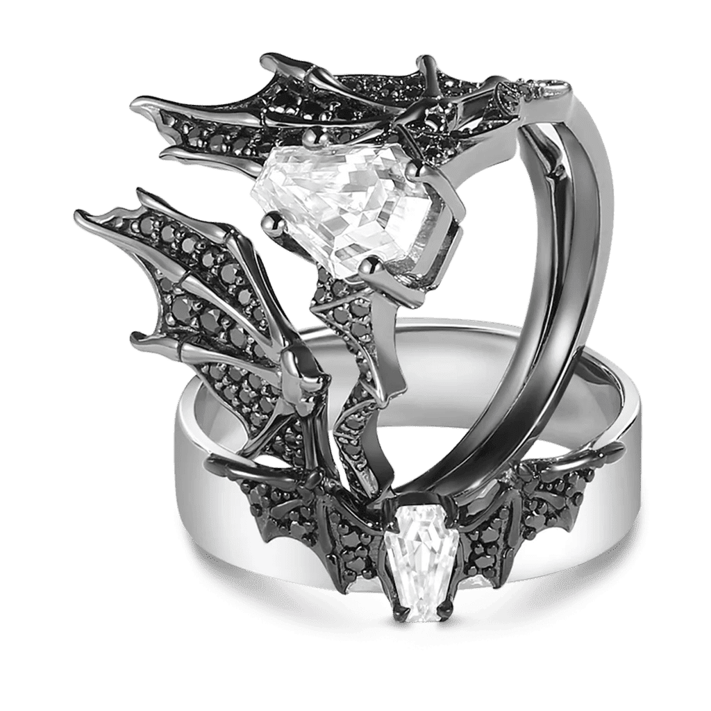 Gnoce Bat Wing Coffin Moissanite Ring Set_4