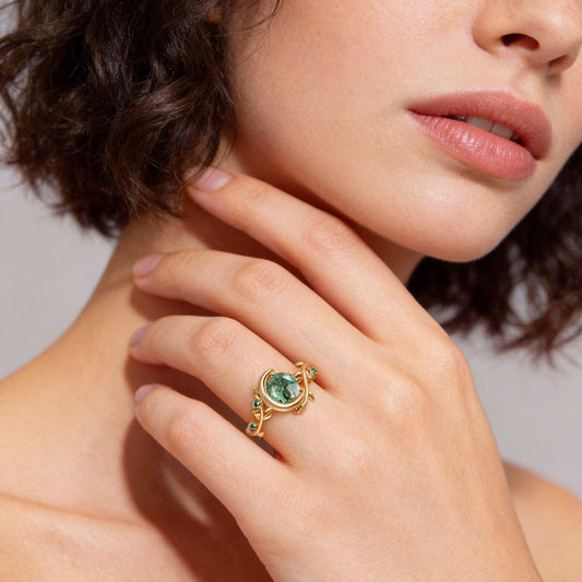 Gnoce Romantic Vine Crescent Moon Moss Agate Engagement Ring_2