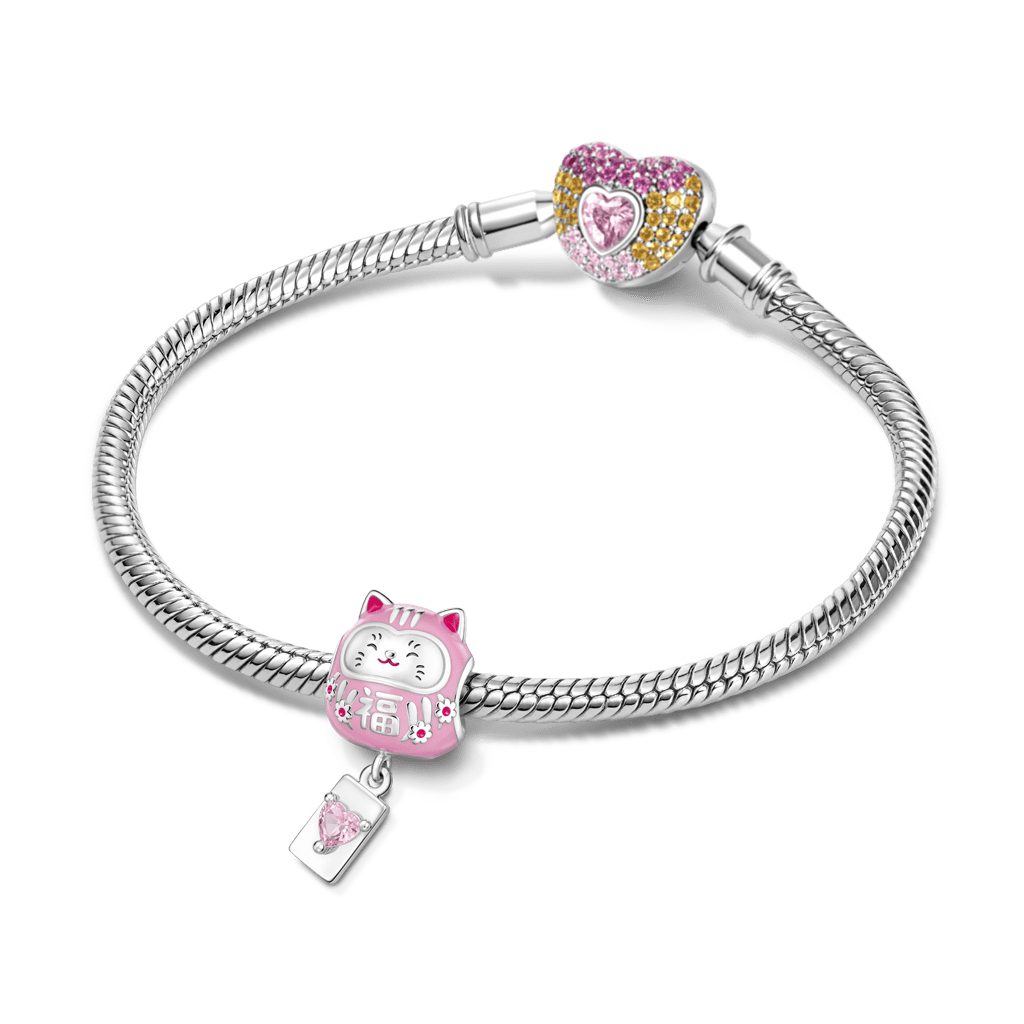 Gnoce Japanese Lucky Cat Engravable Birthstone Through‑hole Bead Charm Platinum‑plated Silver Blend_3