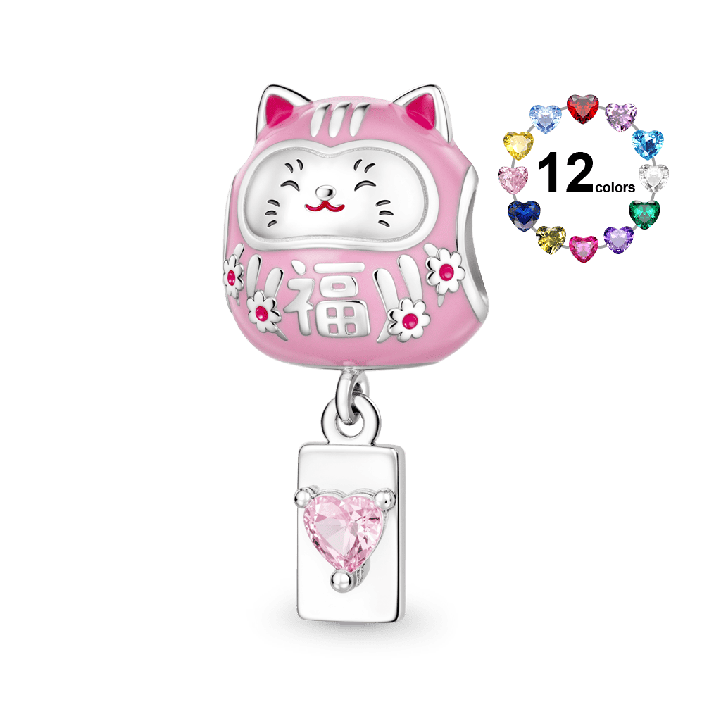 Gnoce Japanese Lucky Cat Engravable Birthstone Through‑hole Bead Charm Platinum‑plated Silver Blend_1
