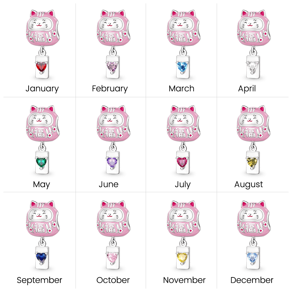 Gnoce Japanese Lucky Cat Engravable Birthstone Through‑hole Bead Charm Platinum‑plated Silver Blend_8