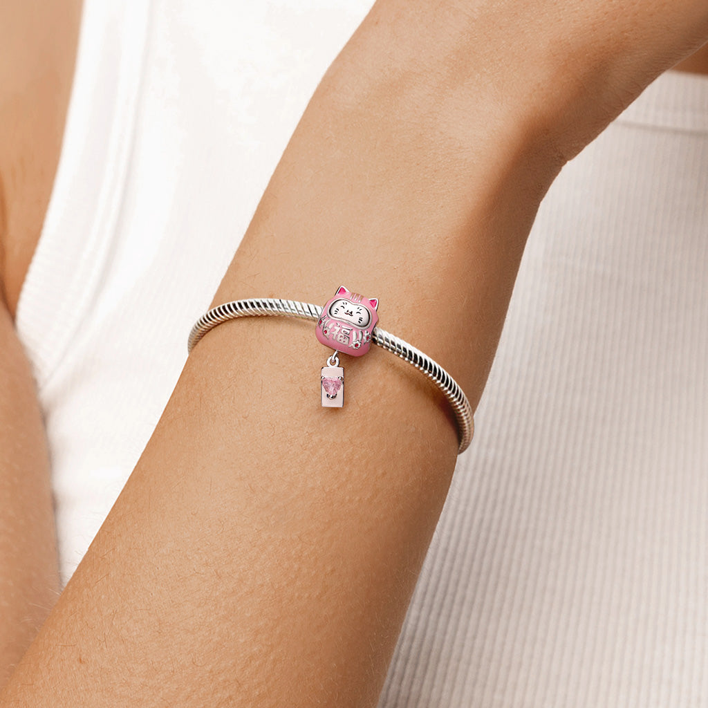 Gnoce Japanese Lucky Cat Engravable Birthstone Through‑hole Bead Charm Platinum‑plated Silver Blend_2