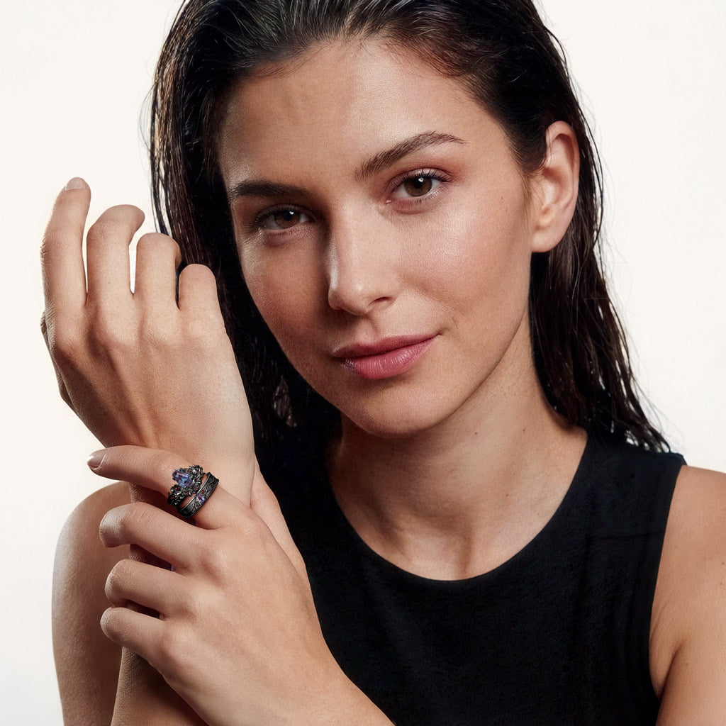 Gnoce Gothic Style Coffin Thorns & Roses Moissanite Ring Set_3