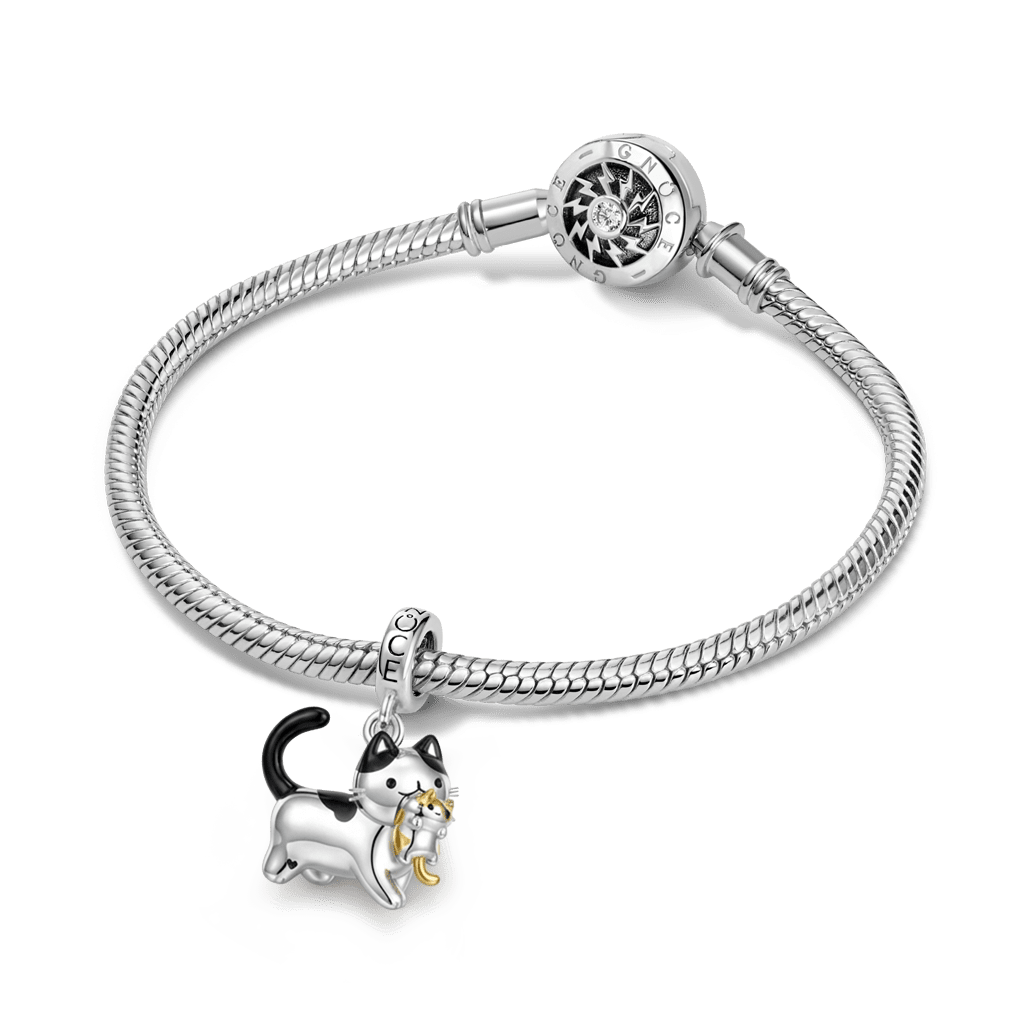 Gnoce Mother's Day Mother Cat Carrying Kitten Pendant Dangle Charm Platinum-plated Silver Blend_3