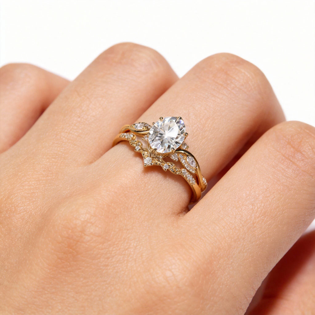 Gnoce Nature-Inspired Leaf & Vine Oval-cut Engagement Ring Set_2