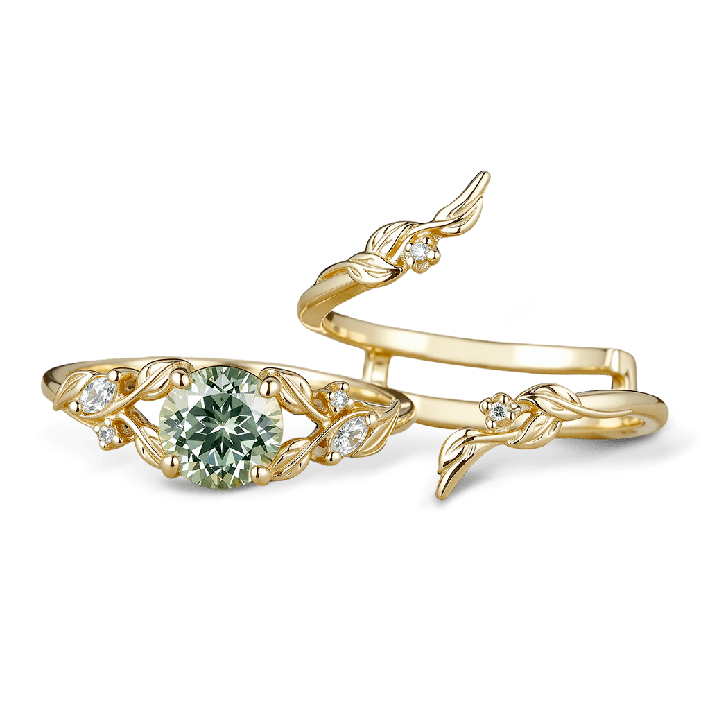 Gnoce Nature-Inspired Leaf & Floral Round-cut Engagement Ring Set_4