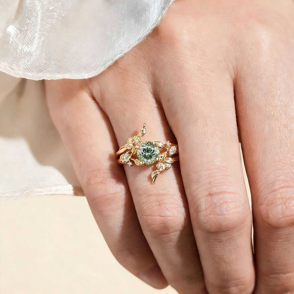 Gnoce Nature-Inspired Leaf & Floral Round-cut Engagement Ring Set_2